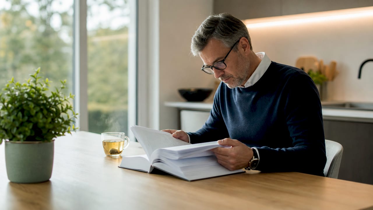 Man studying mattress safety standards at home desk