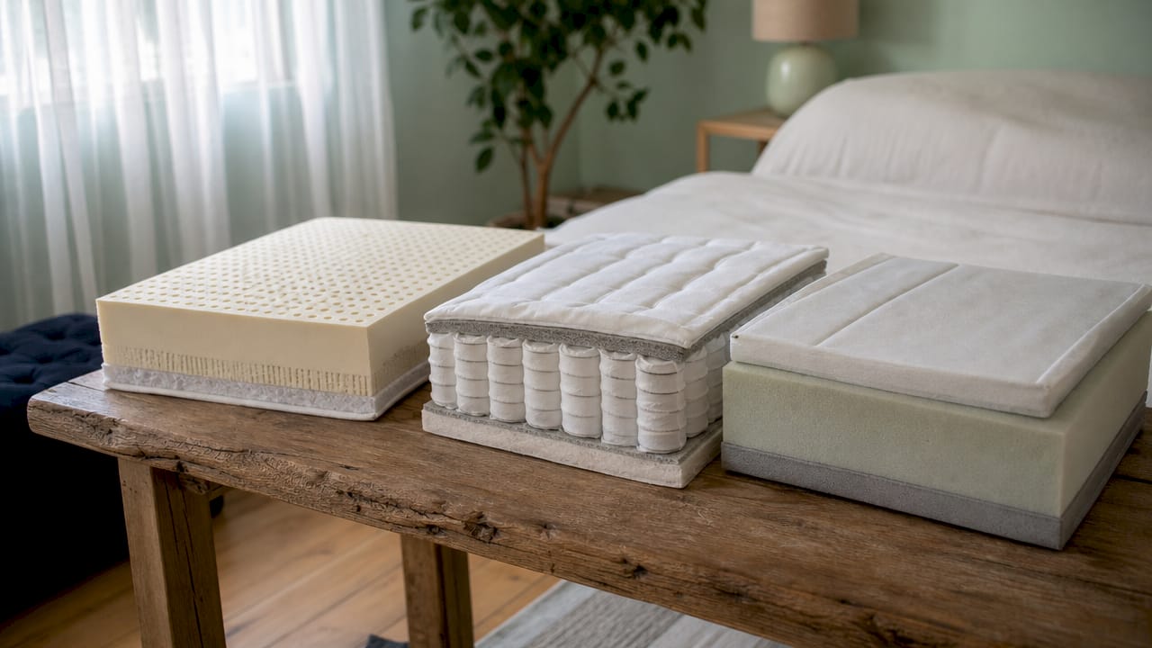 Close-up of mattress samples on showroom table