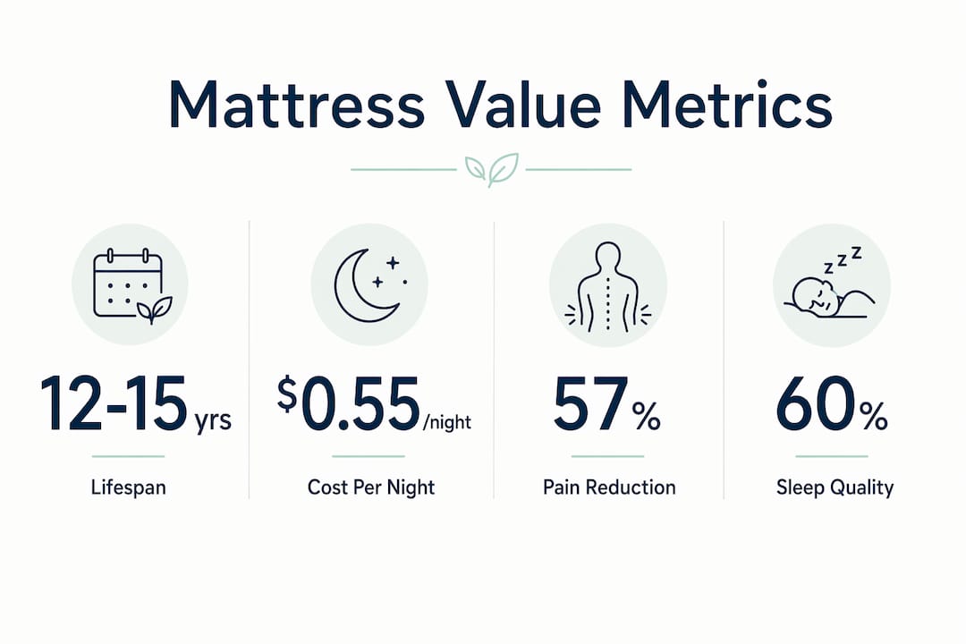 Infographic showing mattress lifespan, cost, and health benefits
