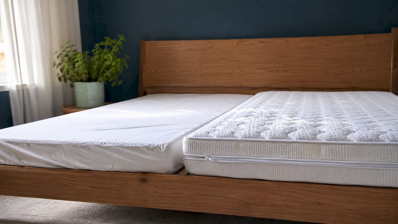 Close-up overhead of two mattress protector types