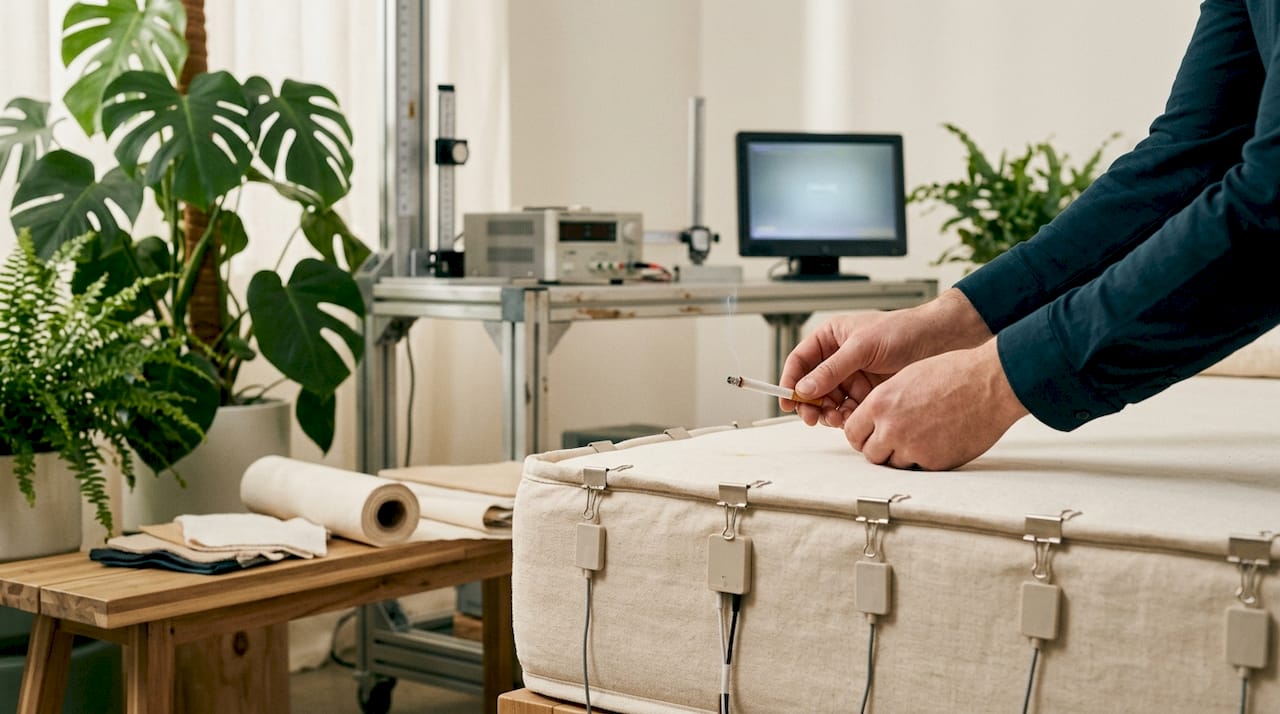 Hands conducting mattress fire safety test
