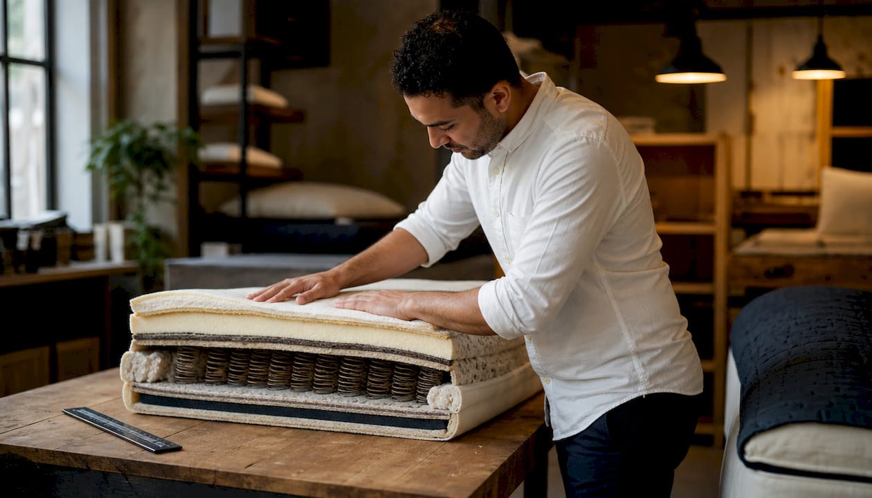 Hands pressing compressed mattress layers close-up
