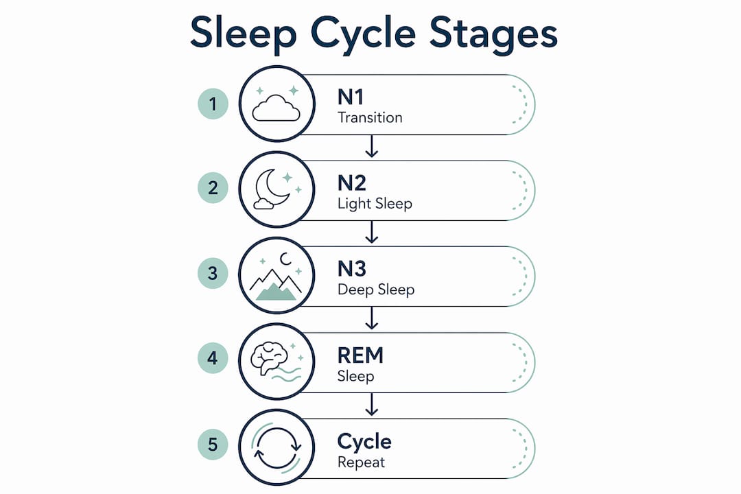 Infographic illustrating stages of sleep cycle affected by mattress aging