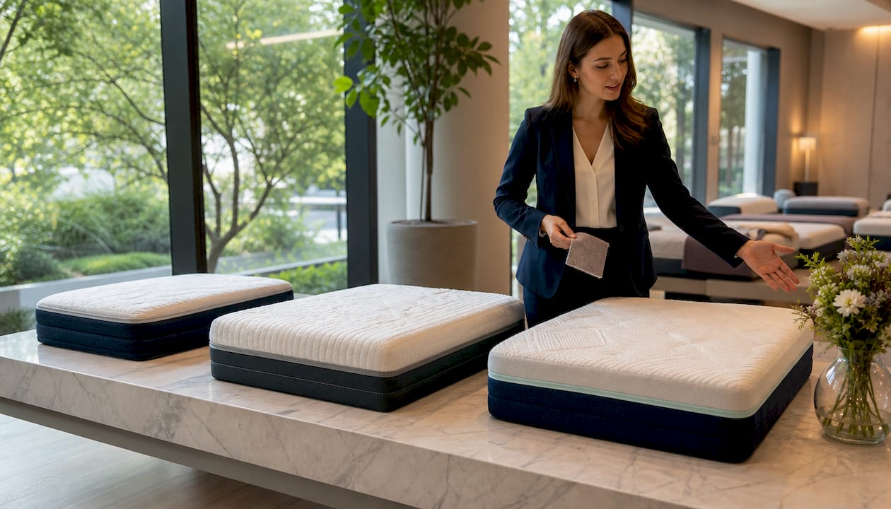Sales consultant showing mattress tiers overhead