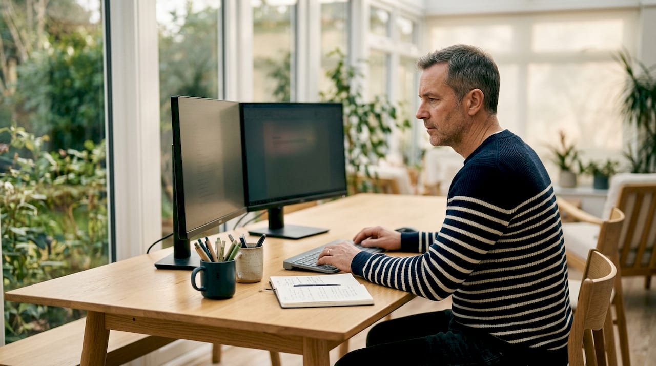 Man comparing mattress options on dual monitors