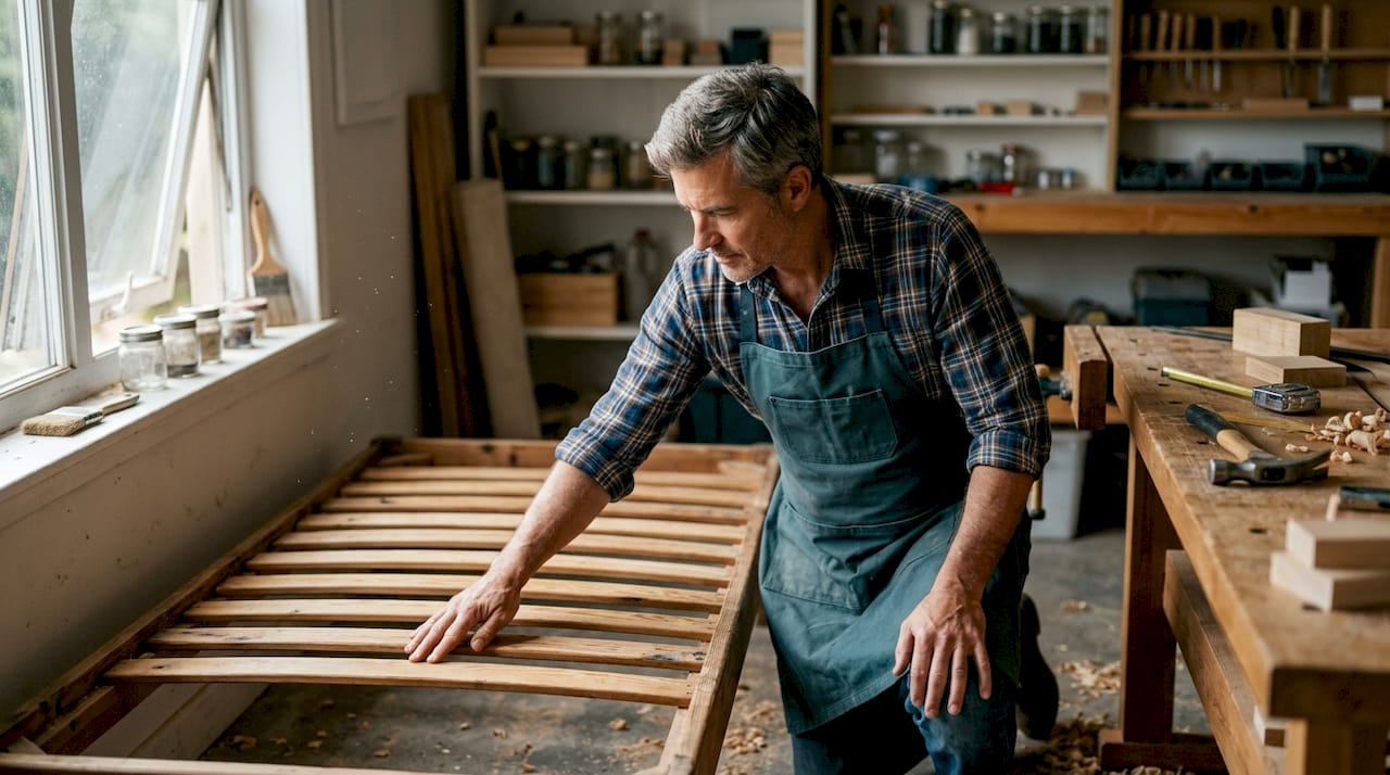 Man inspecting mattress foundation in bedroom