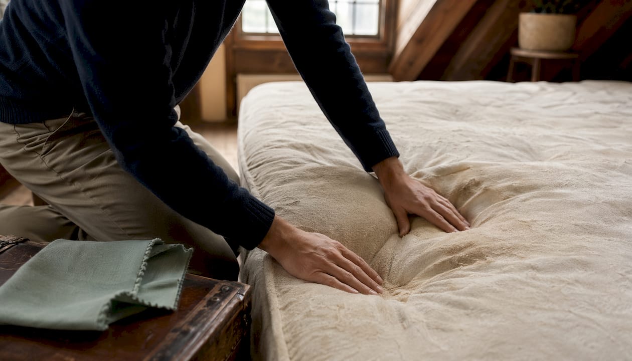 Hands inspecting worn, sagging mattress surface closely