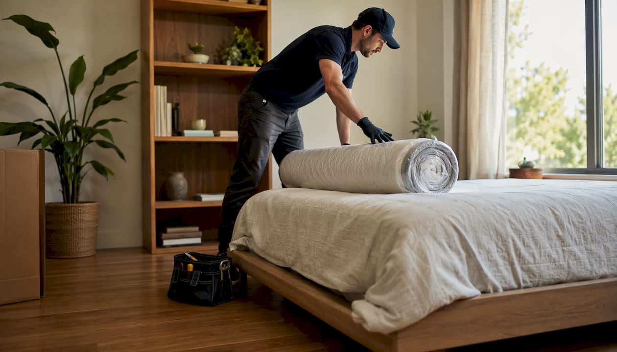 Delivery technician setting up mattress at home