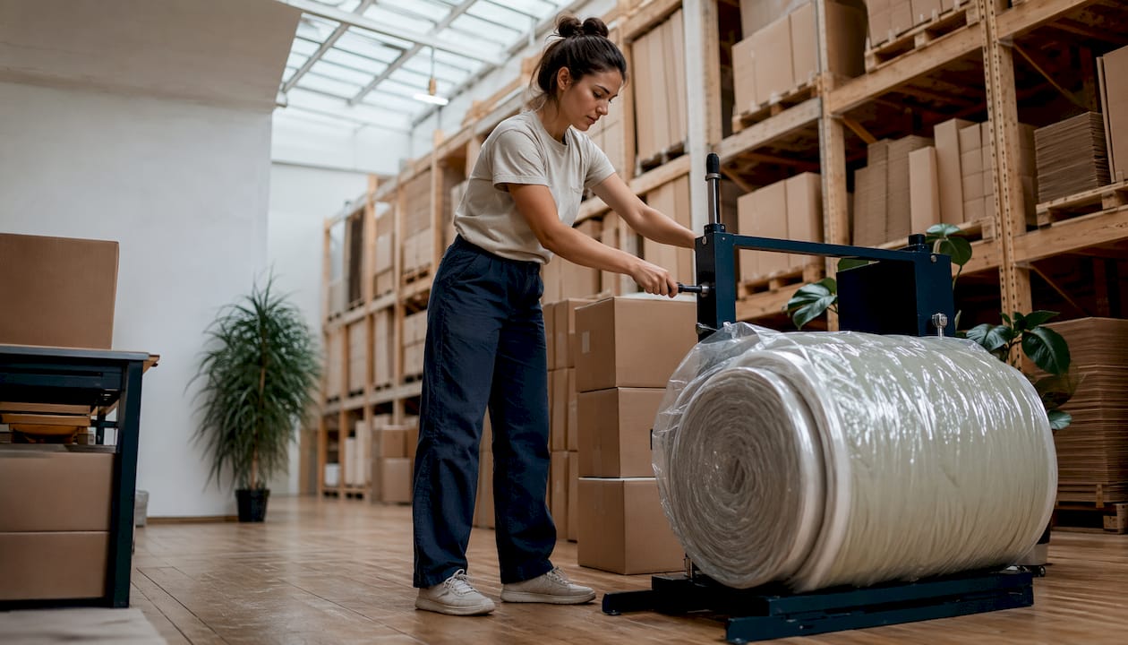 Worker compressing mattress for shipping