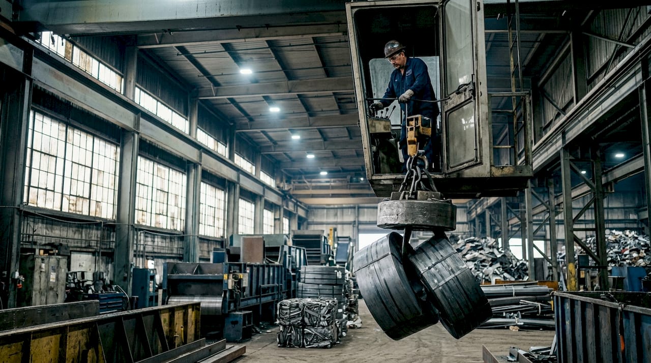 Worker lifting baled steel coils in steel mill