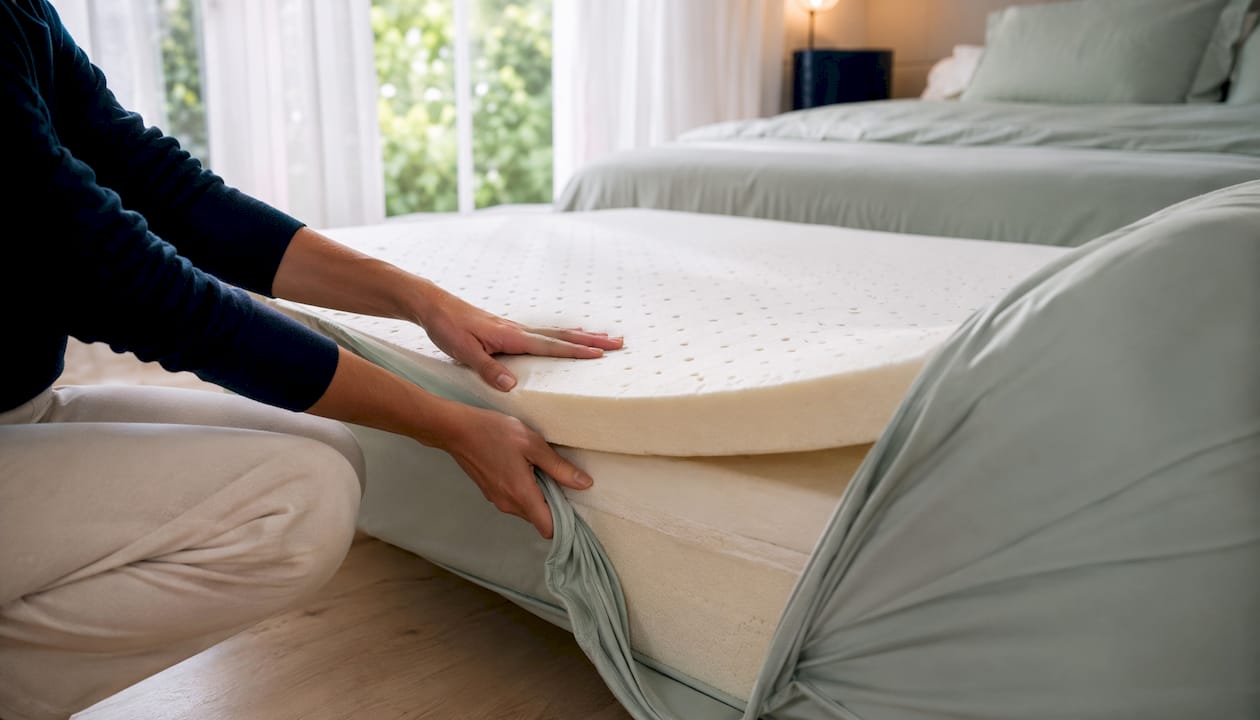 Hands pressing natural latex mattress layers