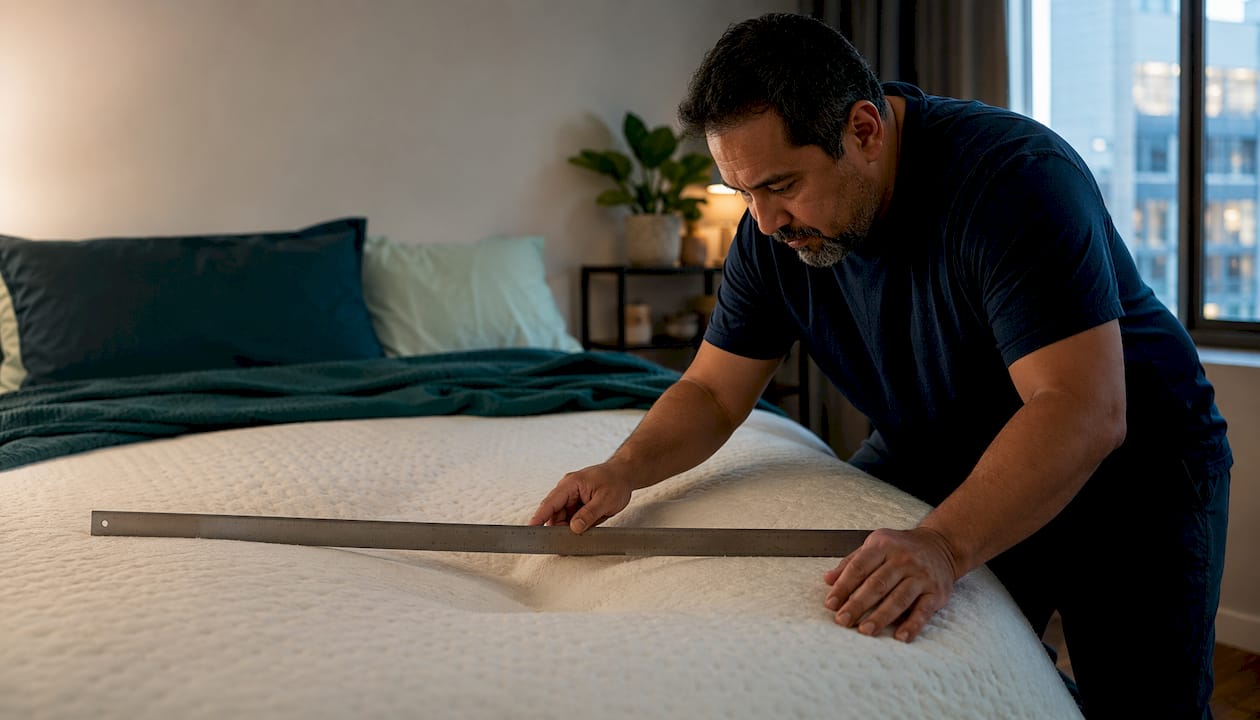 Hands testing mattress with straightedge ruler