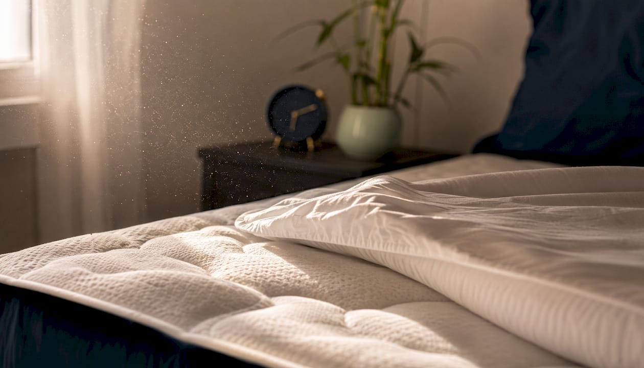 Mattress fabric with visible dust particles