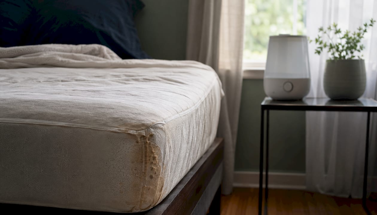 Close-up mattress corner showing moisture damage