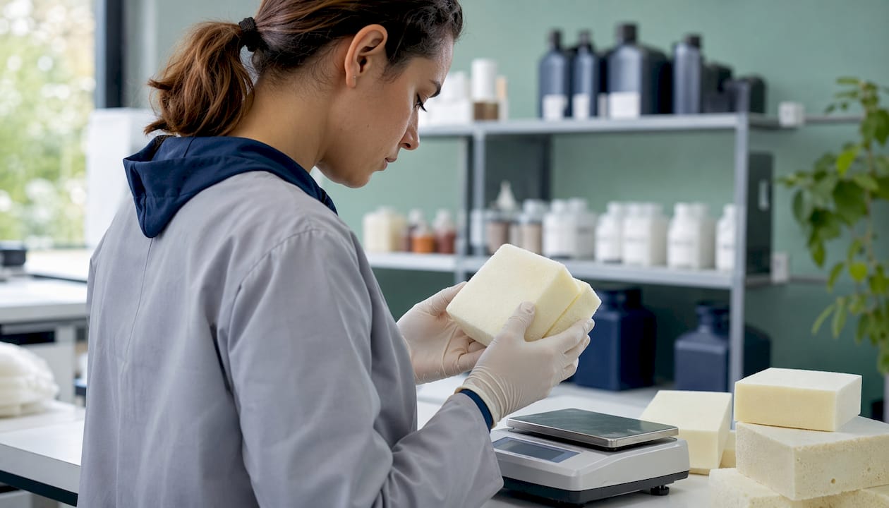 Hands managing foam raw materials in lab