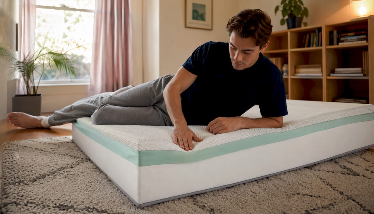 Man testing mattress foam at home