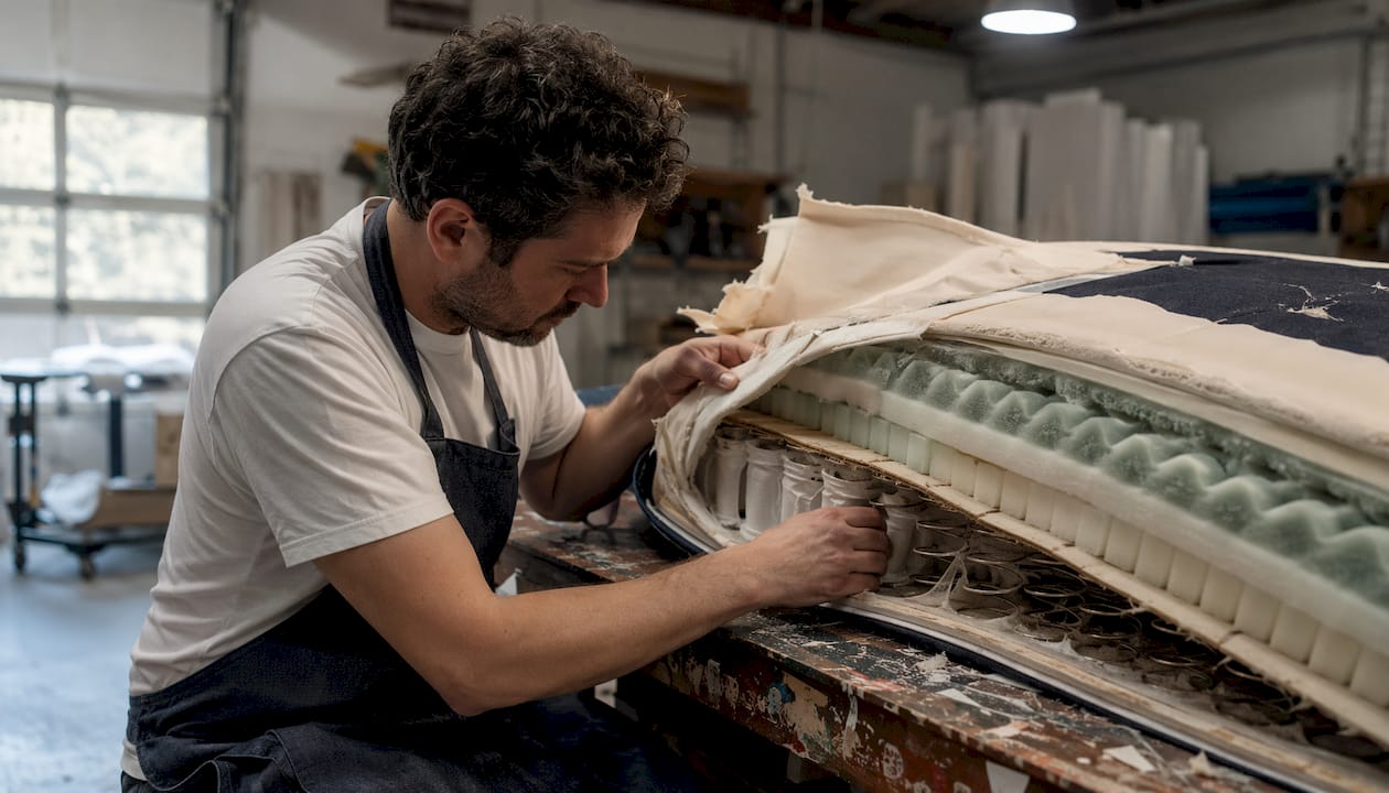 Hands inspecting mattress foam and coils