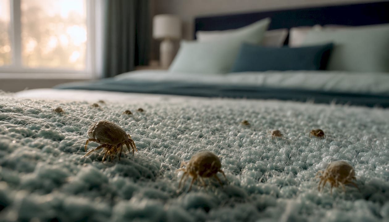 Close-up dust mites on mattress fabric fibers