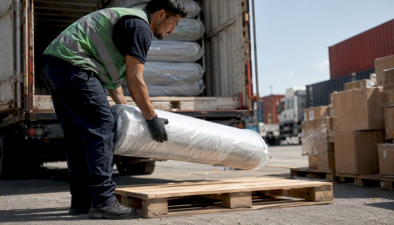 Worker unloading vacuum-packed imported mattresses