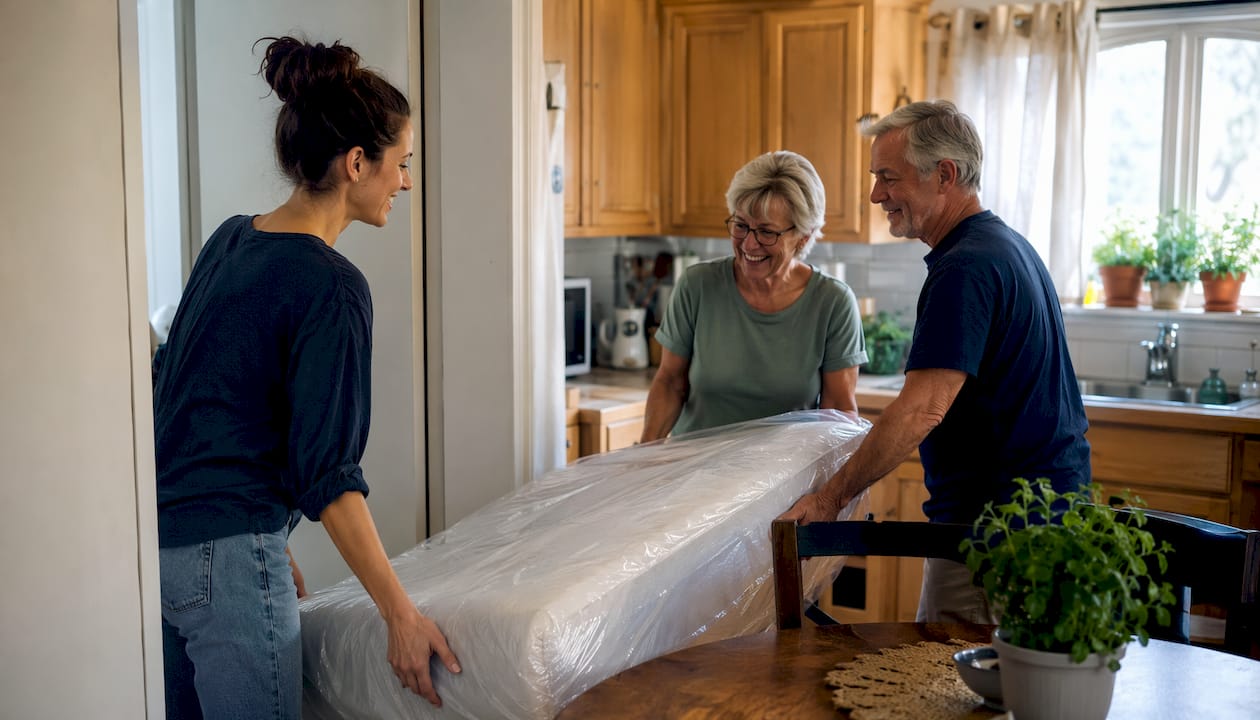 Volunteer helping donate a mattress at home