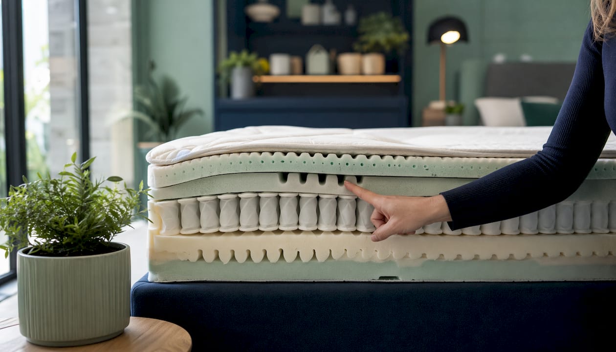 Hand pointing mattress cross-section showing airflow layers