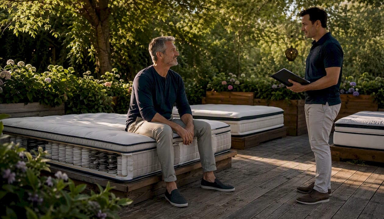 Customer testing mattress in showroom