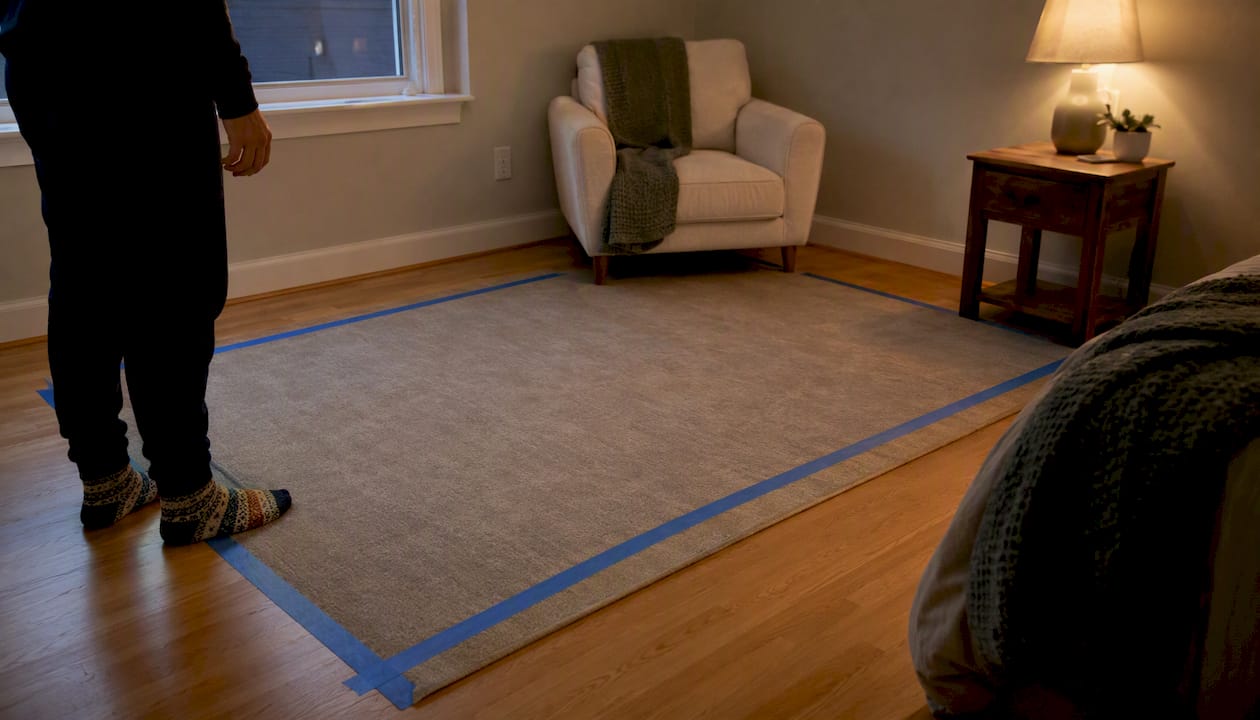 Overhead view of bedroom with taped mattress outline