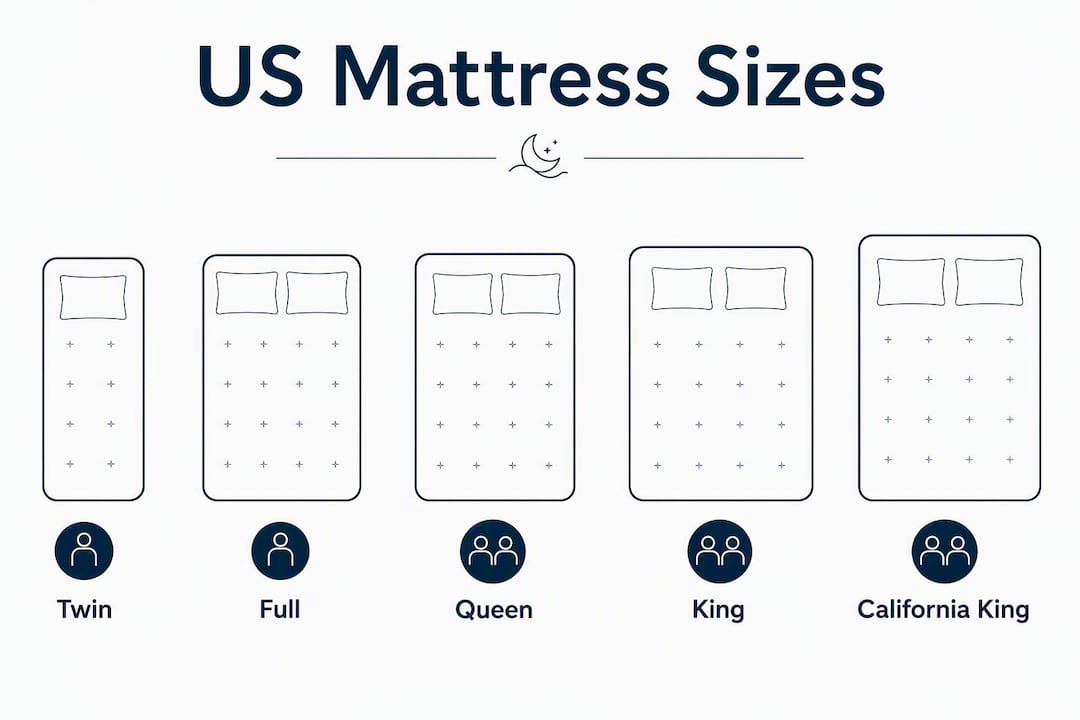 Infographic showing US mattress size hierarchy with labels
