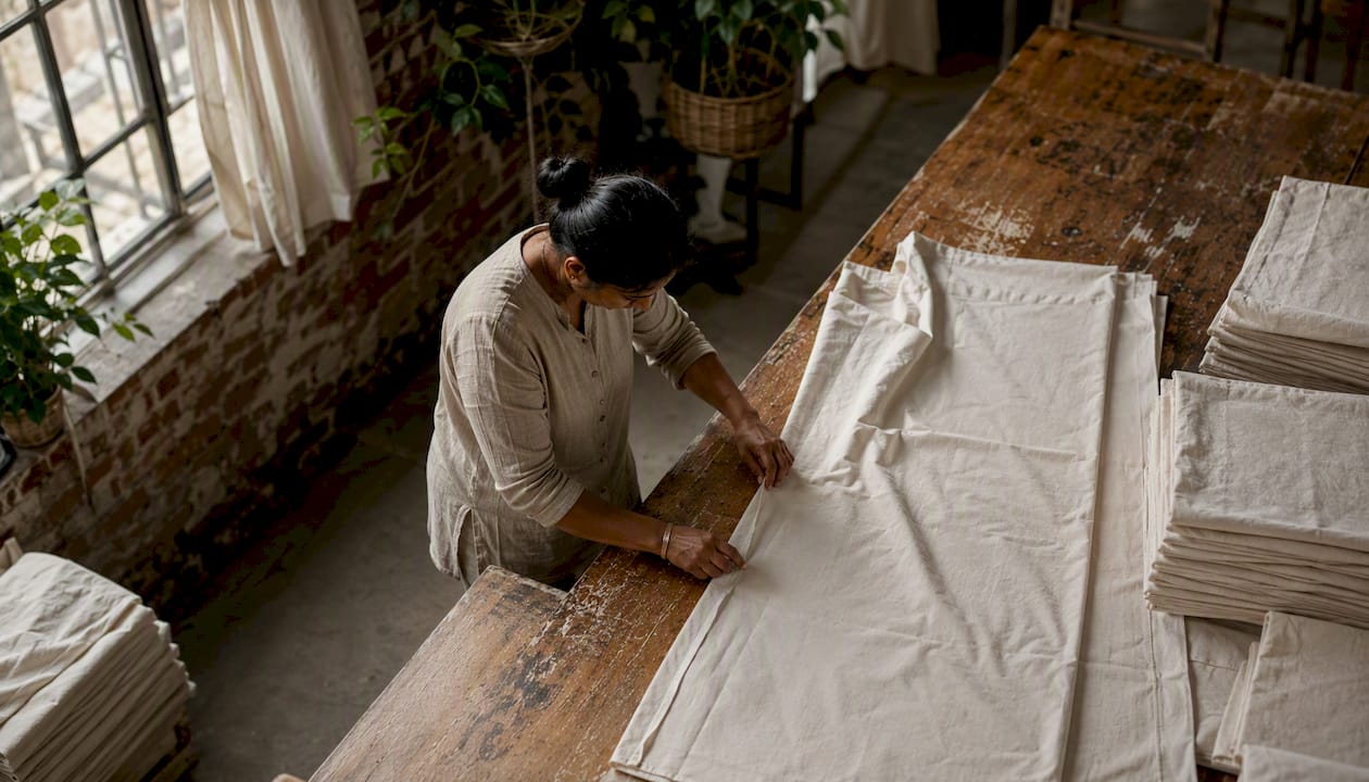 Hands inspecting organic cotton sheets at mill