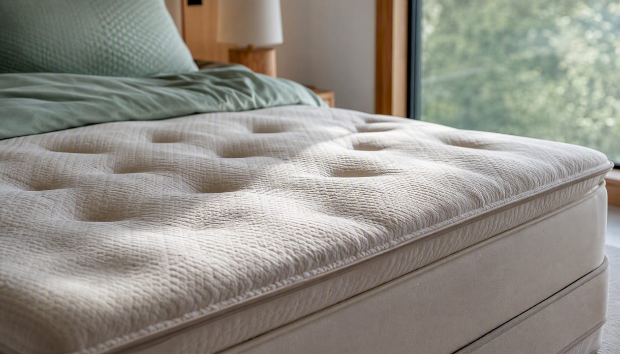 Close-up of pillow-top mattress surface texture