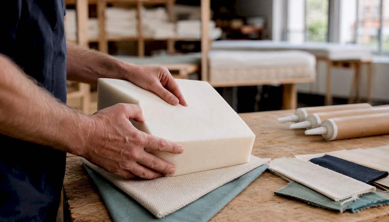 Technician inspecting foam material in mattress factory