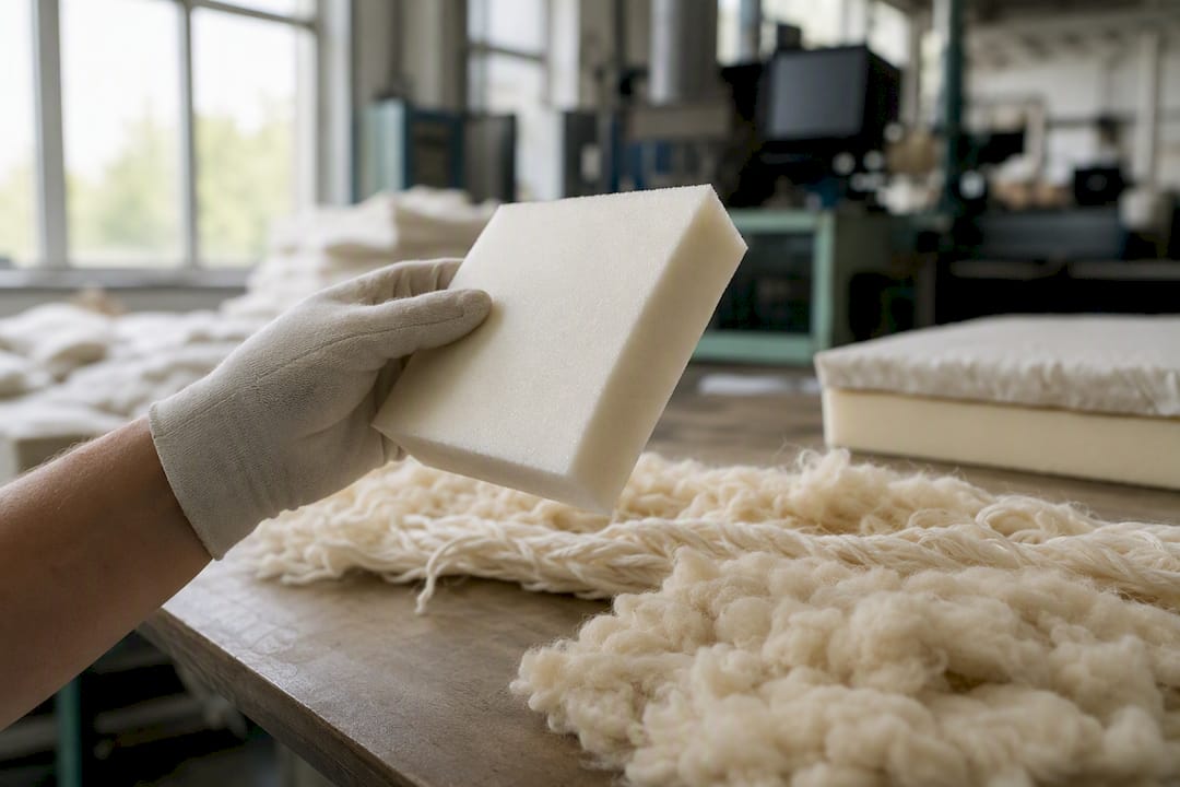 Hand holding non-toxic mattress foam sample