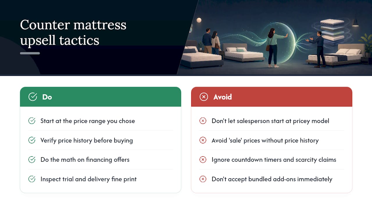Diagram comparing mattress upsell tactics and how to avoid them