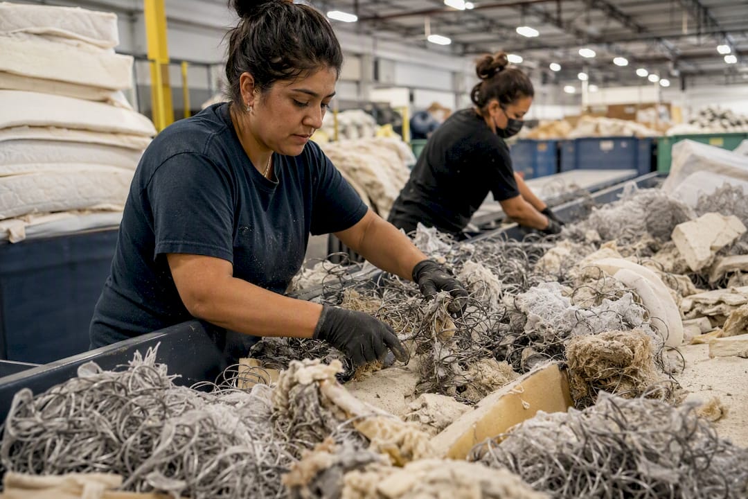 Hands sorting mattress materials at recycling center