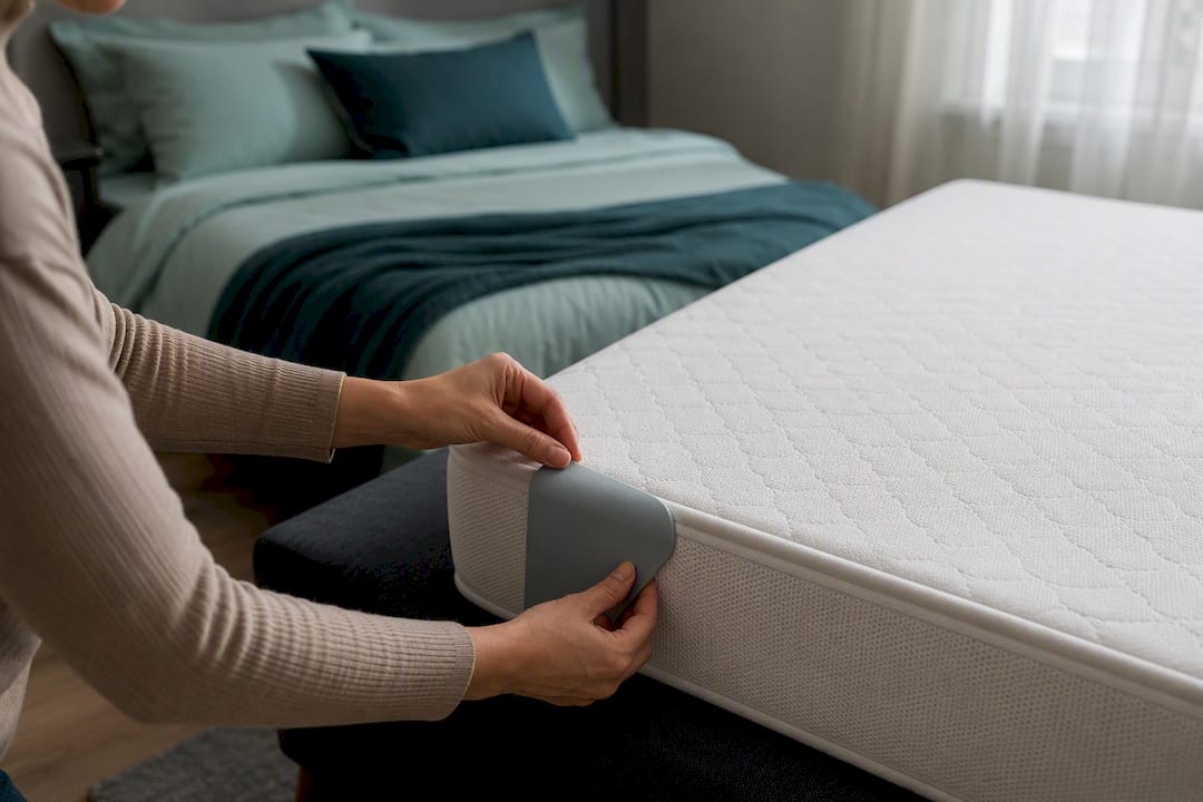 Hands applying corner protectors on mattress edge