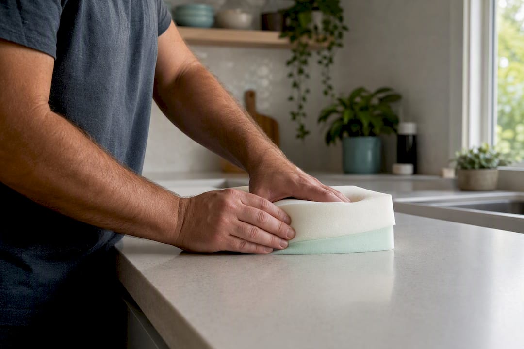 Hands compressing foam sample to test density