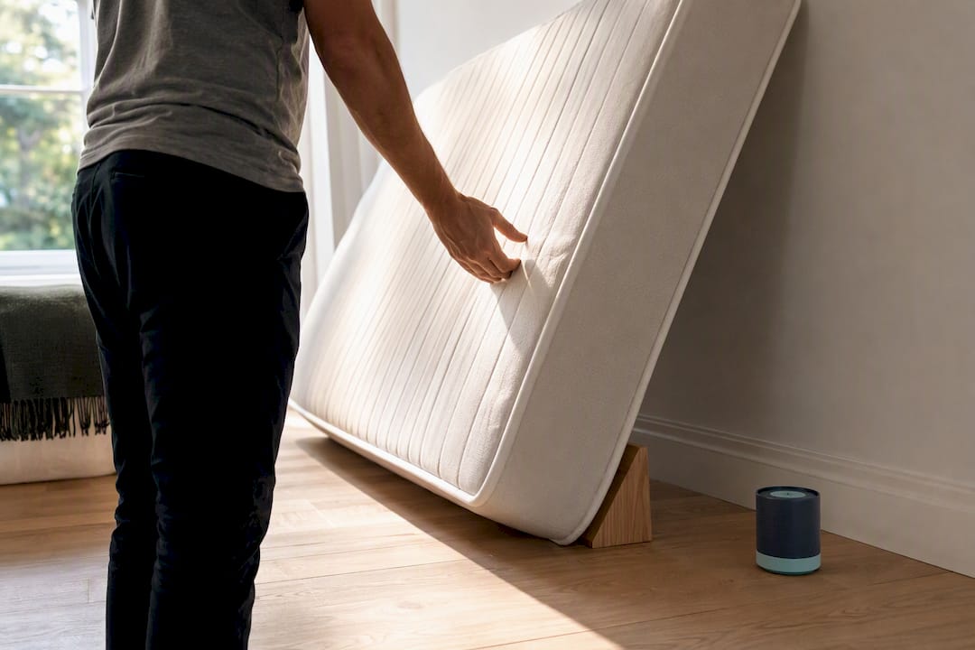 Hands propping mattress against wall