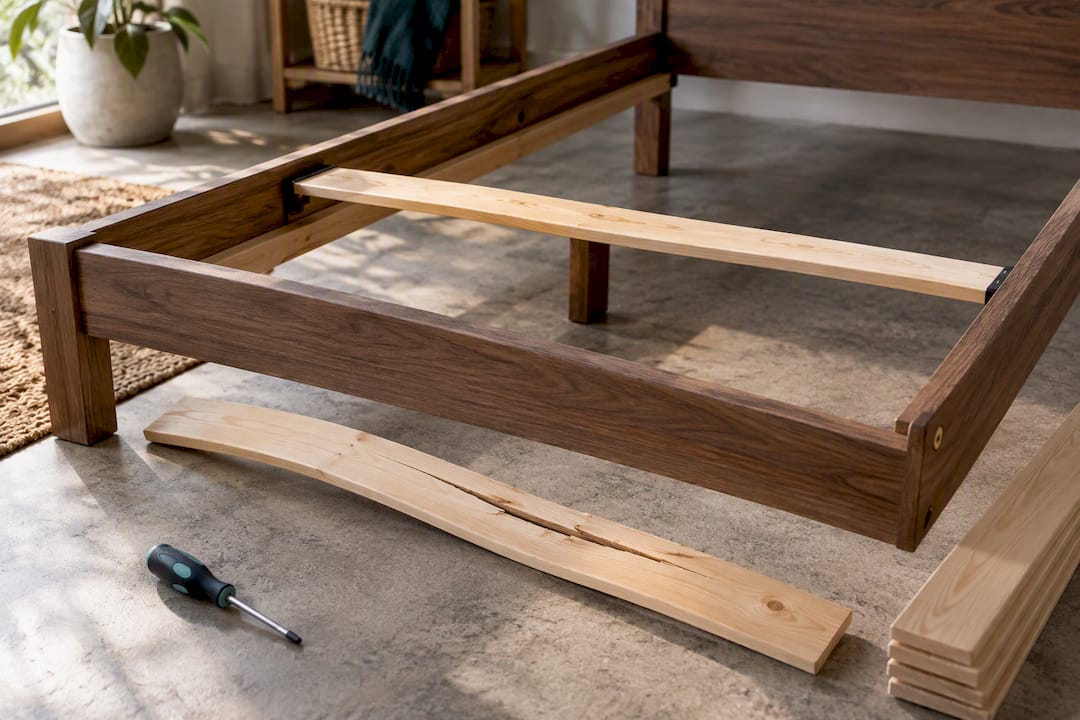 Cracked warped slat beside bed frame