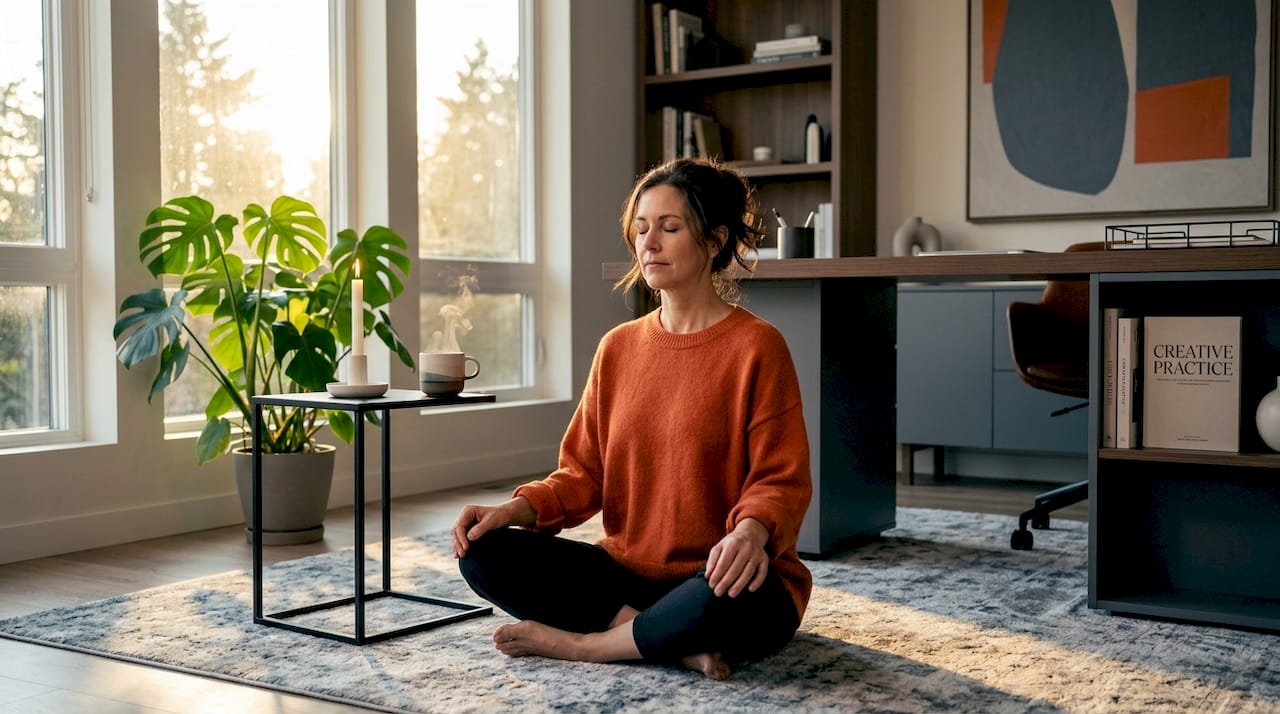 Woman meditating peacefully in sunlit living room