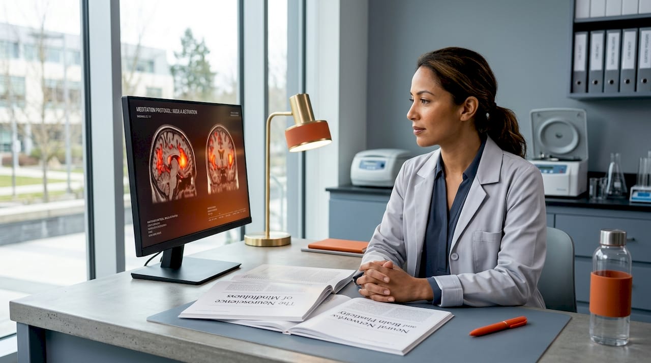 Researcher examining brain scan images post meditation