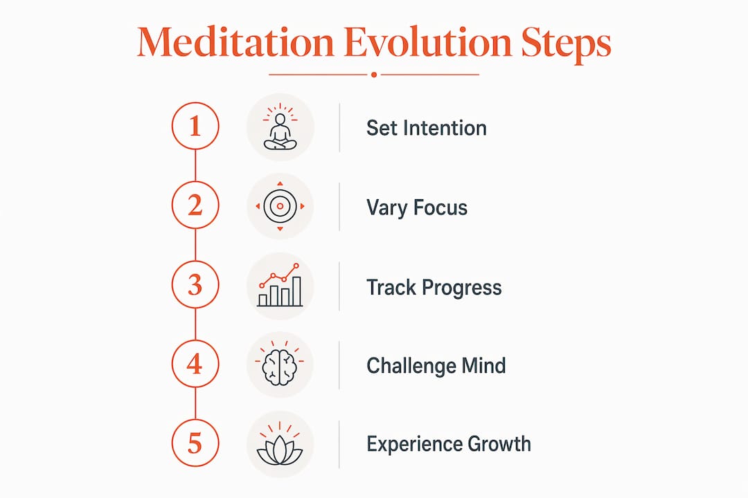 Infographic outlining five steps to evolve daily meditation