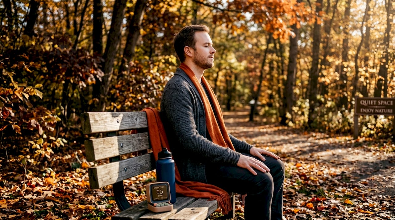 Man practicing slow-paced breathing on park bench