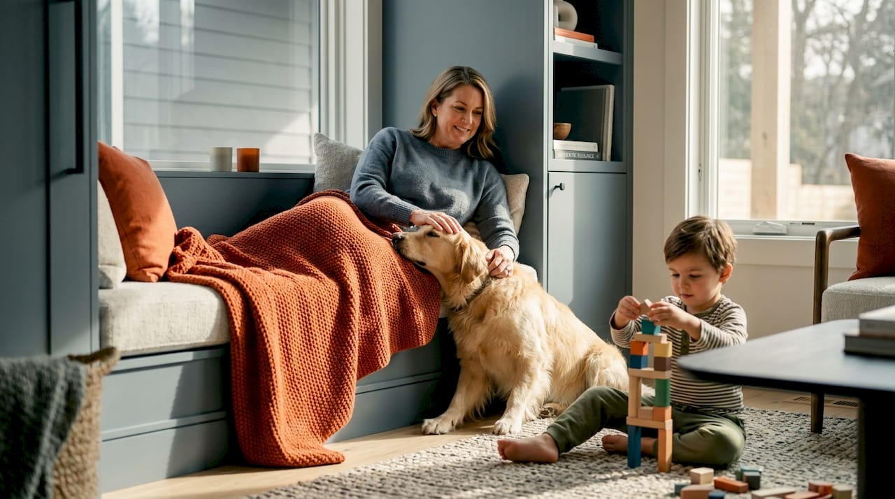 Woman meditating with pet dog and child nearby