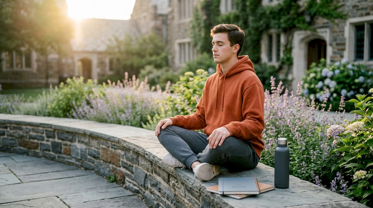 Student practicing breathing meditation outdoors