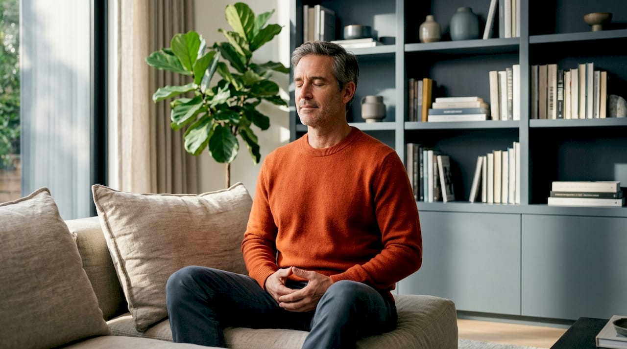 Man practicing Heart-Light meditation indoors