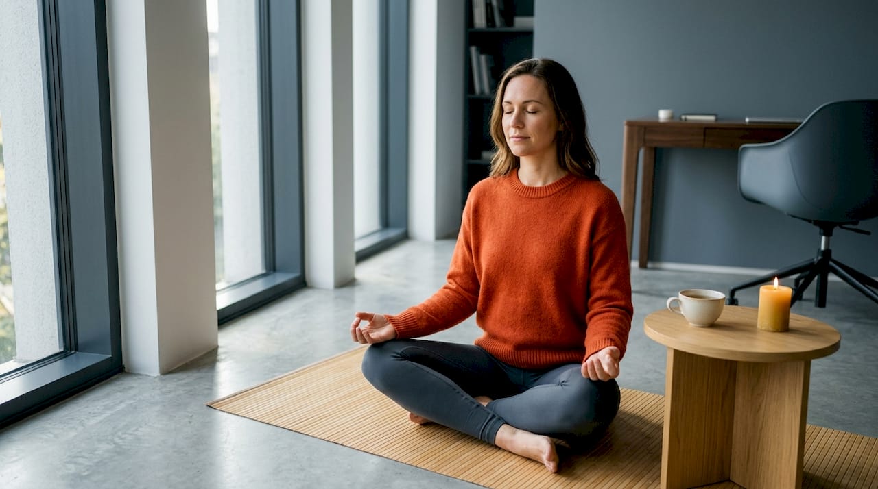 Woman meditating peacefully at home