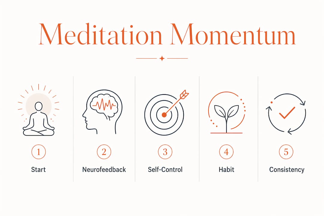 Infographic illustrating five steps of meditation momentum