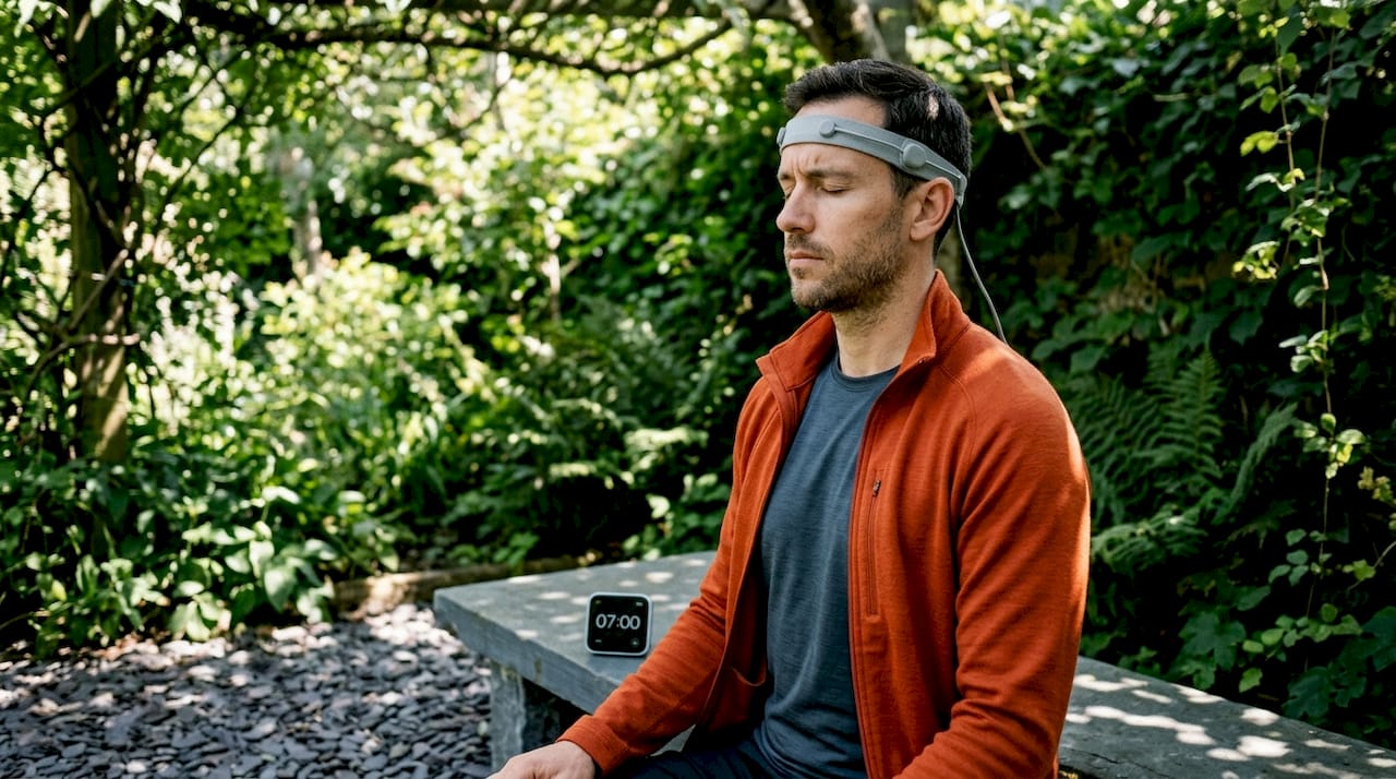 Person meditating with brainwave monitor and data