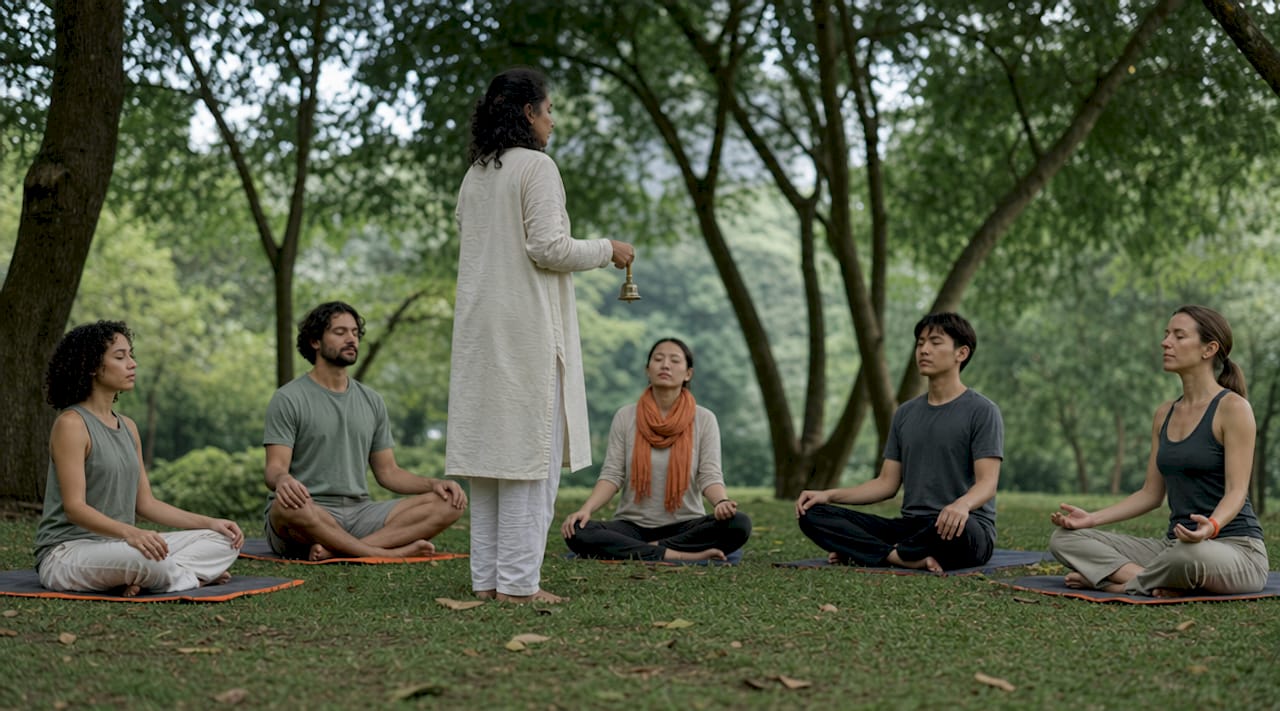 Group meditation class with instructor and participants