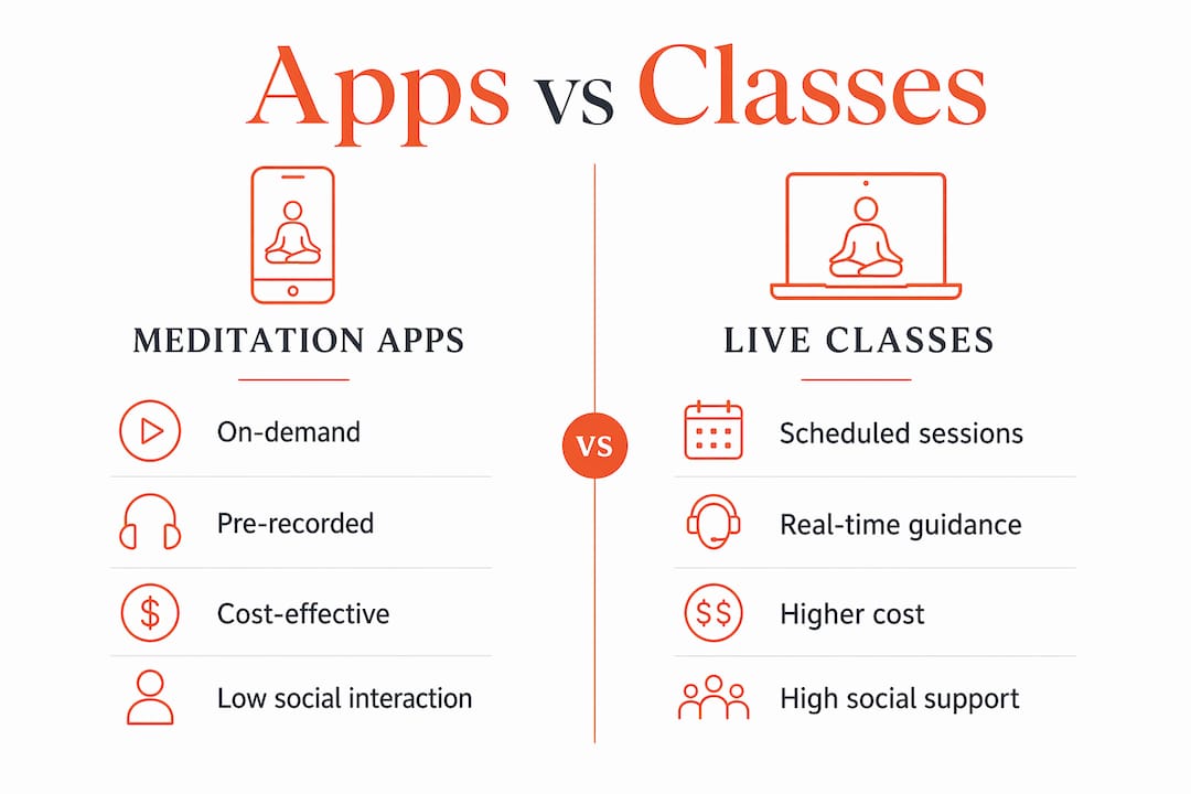 Infographic comparing meditation apps and live classes